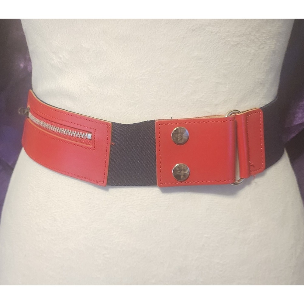 Vintage Red Navy Wide Elastic Cinch Belt with Zipper Pocket Snap Closure Size M